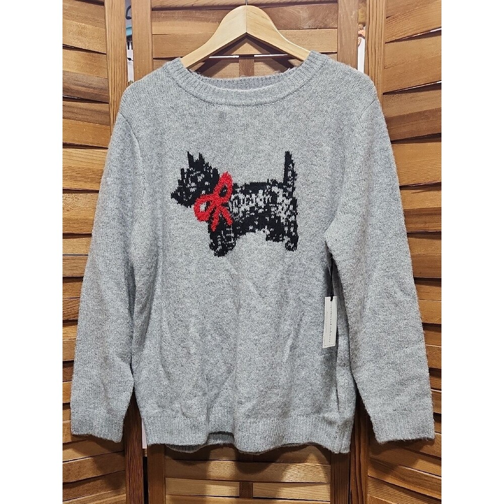 NWT cupcakes & cashmere Gray Crewneck Sweater Women IX Scottish Terrier Dog Bow